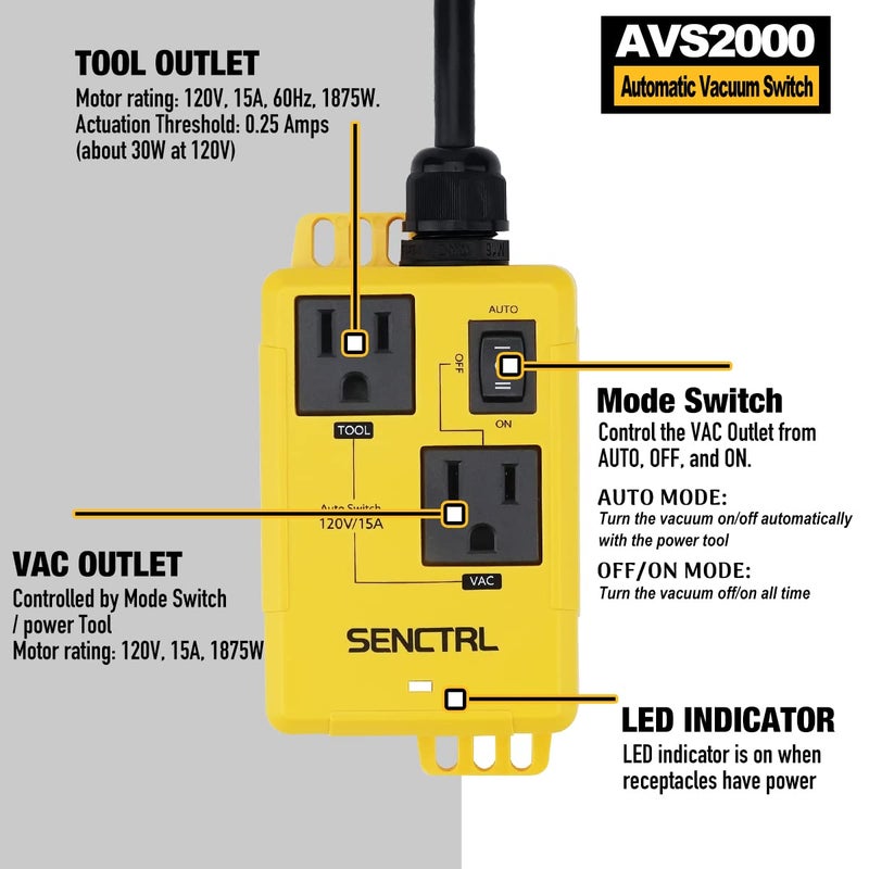 senctrl Automatic Vacuum Switch with 5 Ft Power Cord Allow Power Tool/Table Saw To Turn Vac Cleaner/Accessory On And Off Automatically, On Delay Prevent Circuit Overload, Shop Dust Collector Off Delay - Image 3